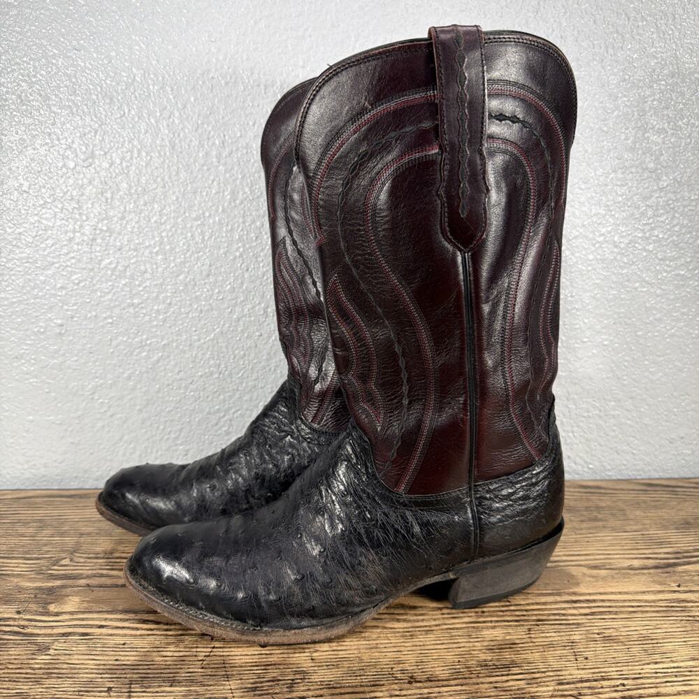 RARE Lucchese M1608 Black & Black Cherry Genuine Full Quill Ostrich Size 10.5 EE